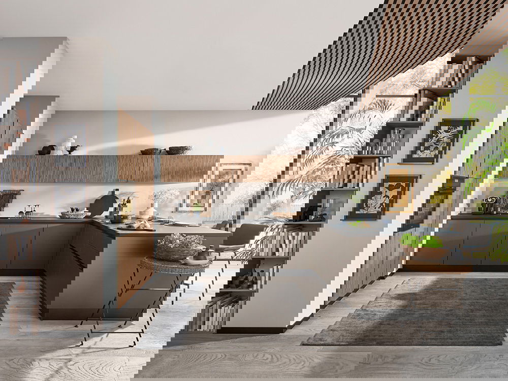 Moderne Küche mit Holz und braunen Schränken in U-Form 