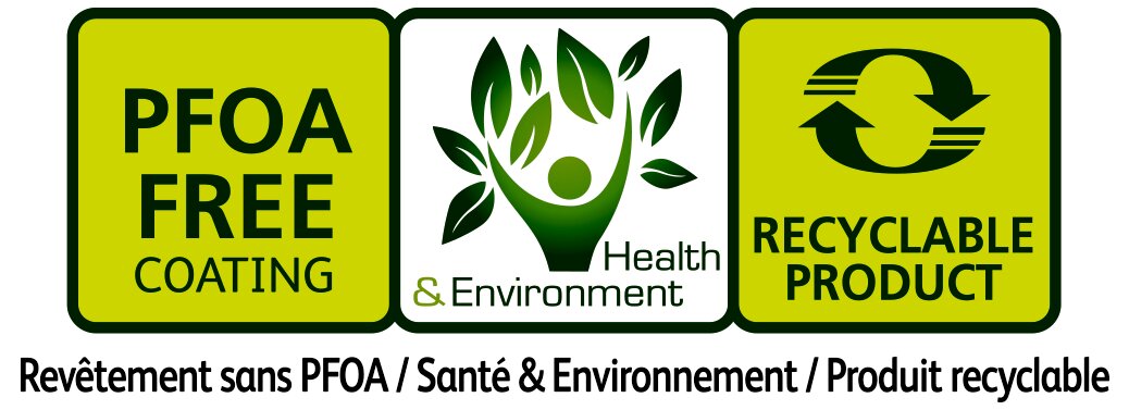 Etiket met PFOA-vrije coating, gezondheids- en milieuvriendelijk, recyclebaar product, vooraanzicht