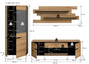 Wohnwand-Set in Eiche-Optik mit anthrazitfarbenen Fronten: hoher Vitrinenschrank, TV-Lowboard und Wandpaneel mit zwei Ablagen, mit Maßangaben und Belastungswerten, dargestellt in Frontansicht mit leicht seitlicher Perspektive.