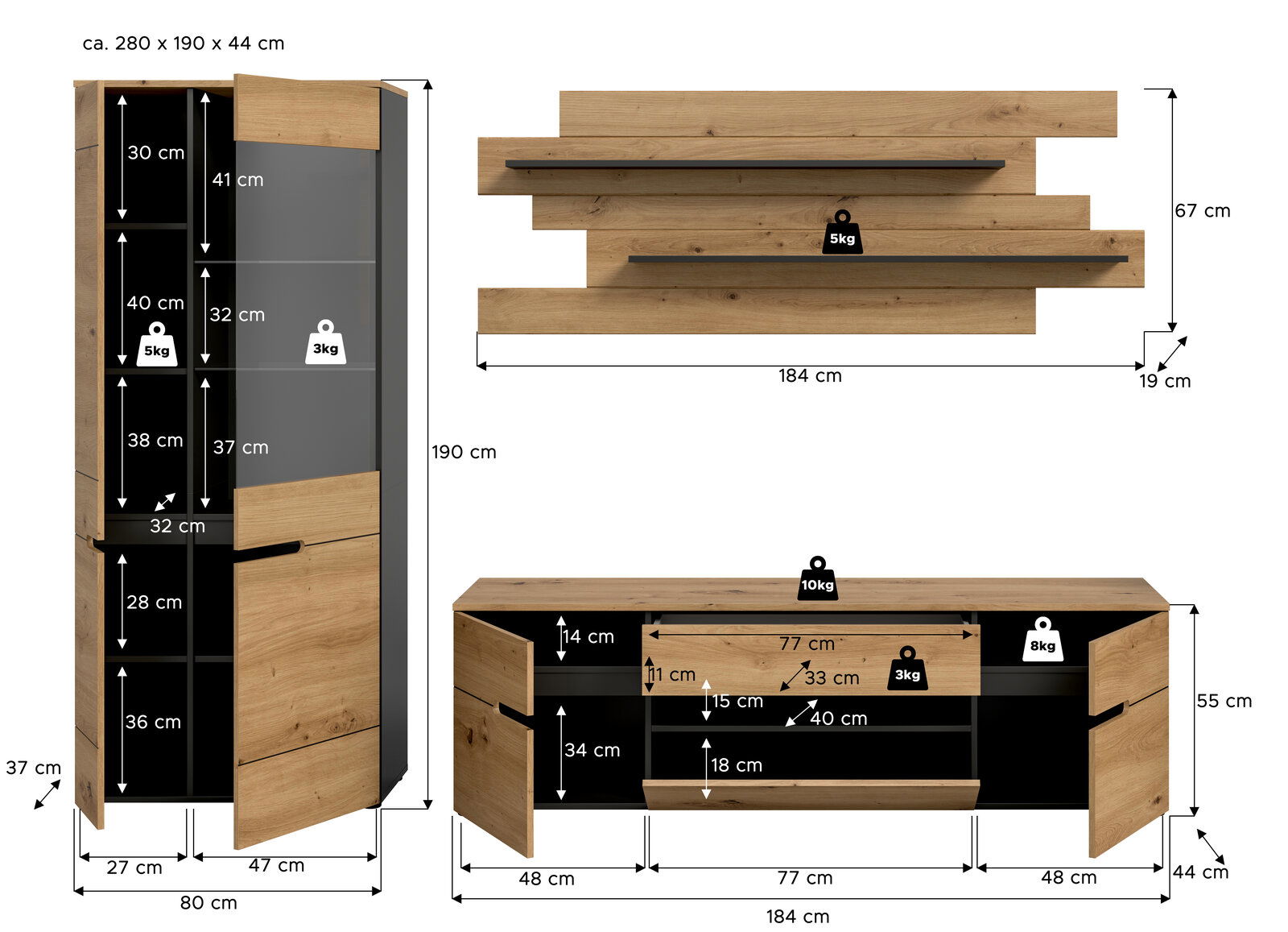 Wohnwand-Set in Eiche-Optik mit anthrazitfarbenen Fronten: hoher Vitrinenschrank, TV-Lowboard und Wandpaneel mit zwei Ablagen, mit Maßangaben und Belastungswerten, dargestellt in Frontansicht mit leicht seitlicher Perspektive.