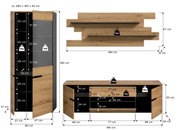 Wohnwand-Set in Eiche-Optik mit anthrazitfarbenen Fronten: hoher Vitrinenschrank, TV-Lowboard und Wandpaneel mit zwei Ablagen, mit Maßangaben und Belastungswerten, dargestellt in Frontansicht mit leicht seitlicher Perspektive.