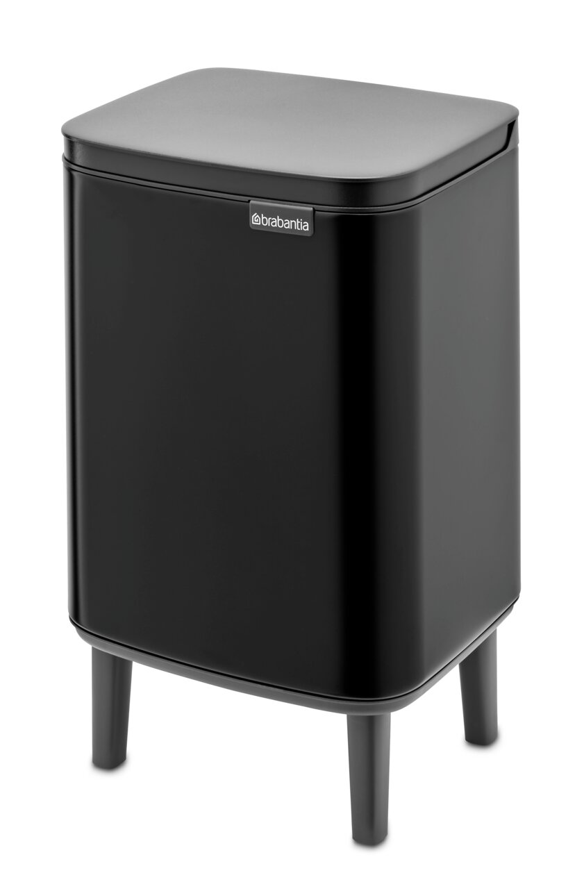 Schwarzer Abfalleimer Bo Hi 7L mit rechteckigem Design und vier Beinen, seitliche Perspektive
