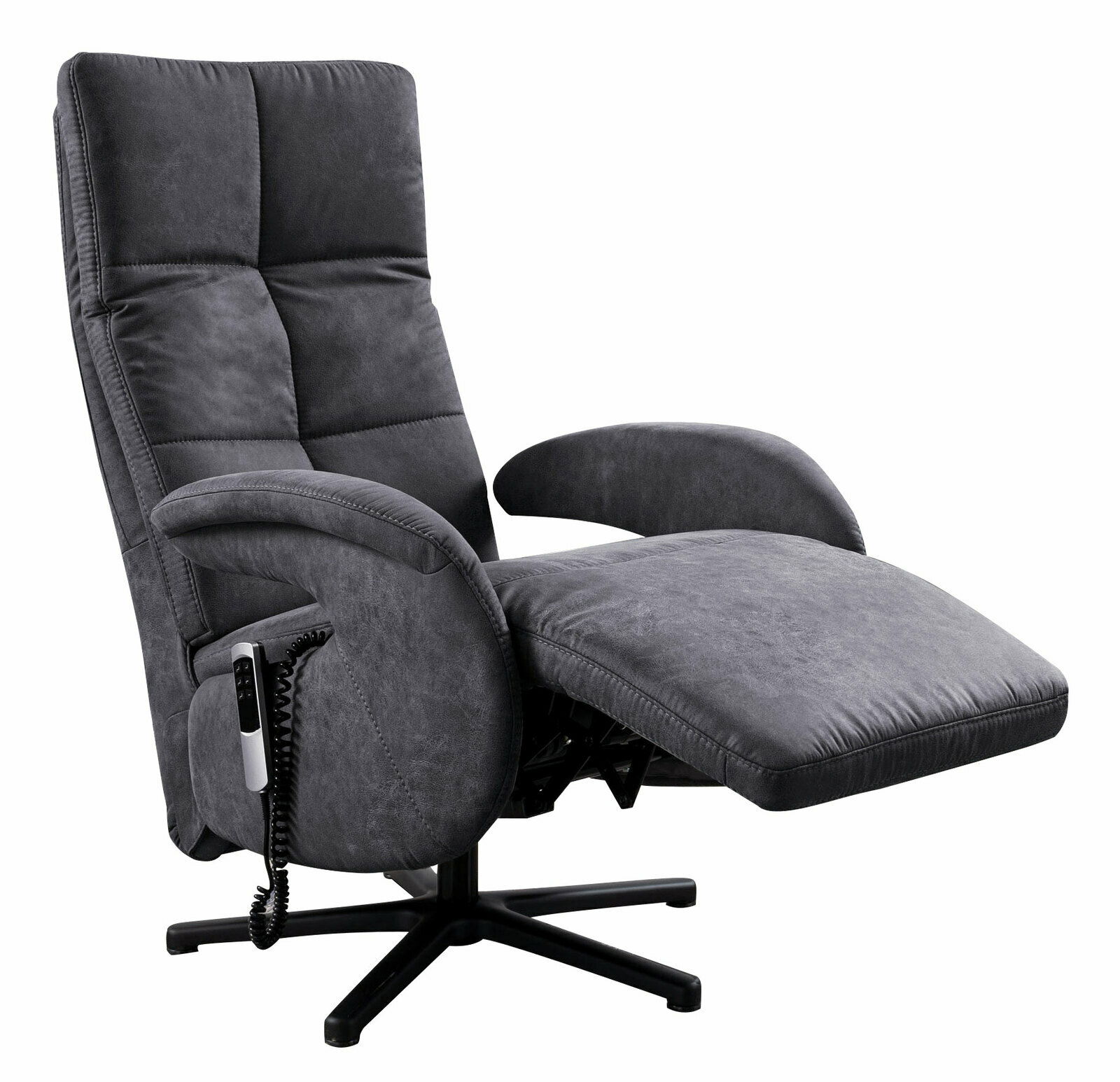 Grauer Relaxsessel mit verstellbarer Rückenlehne und Fußstütze, seitliche Perspektive