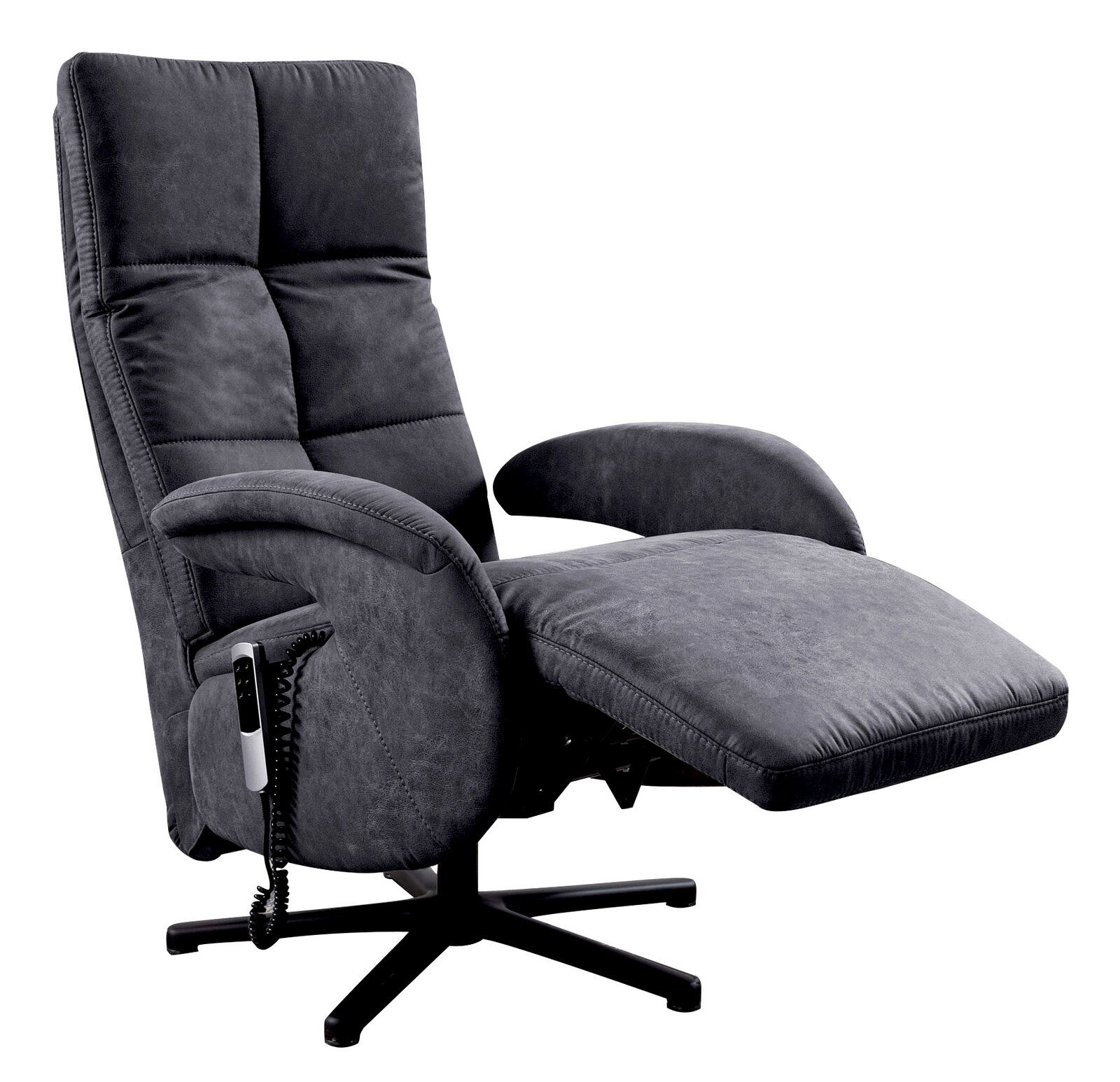 Grauer Relaxsessel mit verstellbarer Rückenlehne und Fußstütze, seitliche Perspektive