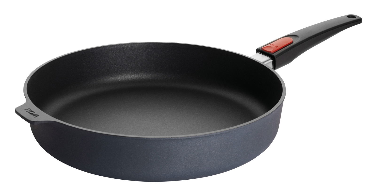 Guss-Hochrandpfanne 32cm Diamo aus seitlicher Perspektive mit schwarzem Griff und rotem Akzent.
