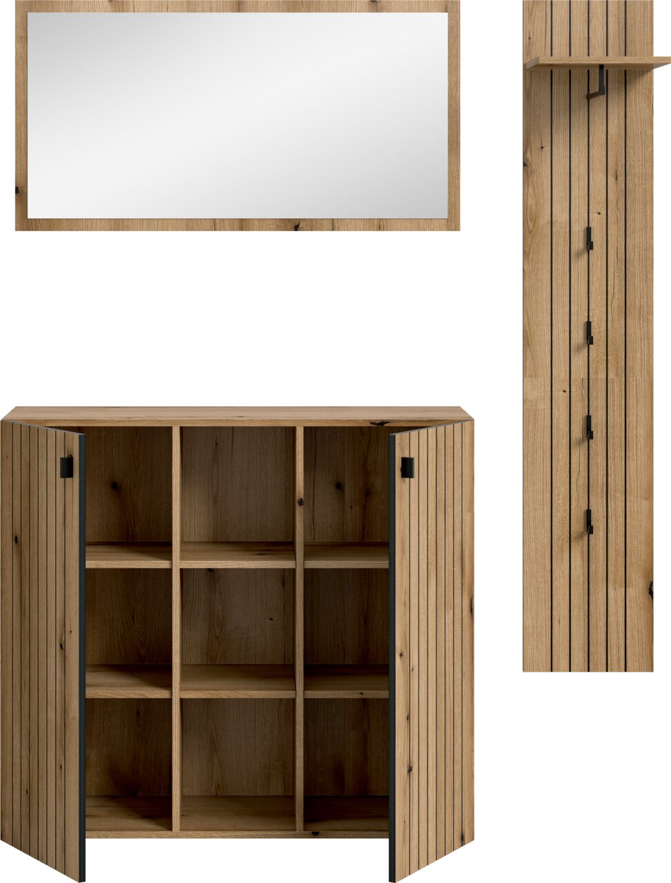 Holz-Badezimmerschrank mit großem Spiegel und geöffneten Lamellentüren, Innenfächer sichtbar, Frontansicht