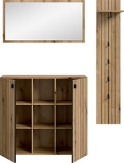 Holz-Badezimmerschrank mit großem Spiegel und geöffneten Lamellentüren, Innenfächer sichtbar, Frontansicht