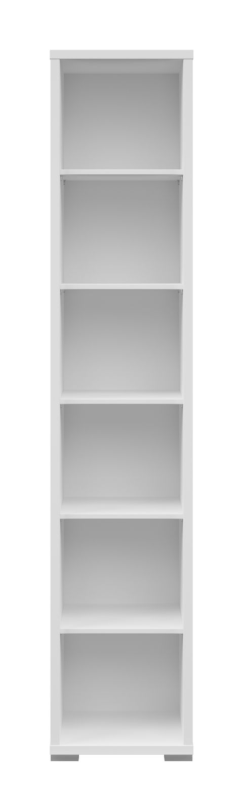 Weißes, schmales Aktenregal mit sechs offenen Fächern, frontal betrachtet.