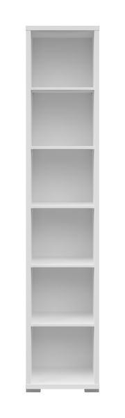 Weißes, schmales Aktenregal mit sechs offenen Fächern, frontal betrachtet.