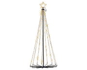 Frontansicht eines modernen, kegelförmigen LED-Weihnachtsbaums mit schwarzem Metallgestell, warmweiß leuchtenden Lichterketten und beleuchtetem Stern an der Spitze vor weißem Hintergrund