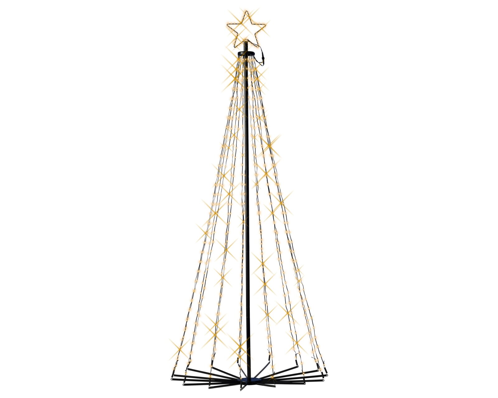 Frontansicht eines modernen, kegelförmigen LED-Weihnachtsbaums mit schwarzem Metallgestell, warmweiß leuchtenden Lichterketten und beleuchtetem Stern an der Spitze vor weißem Hintergrund