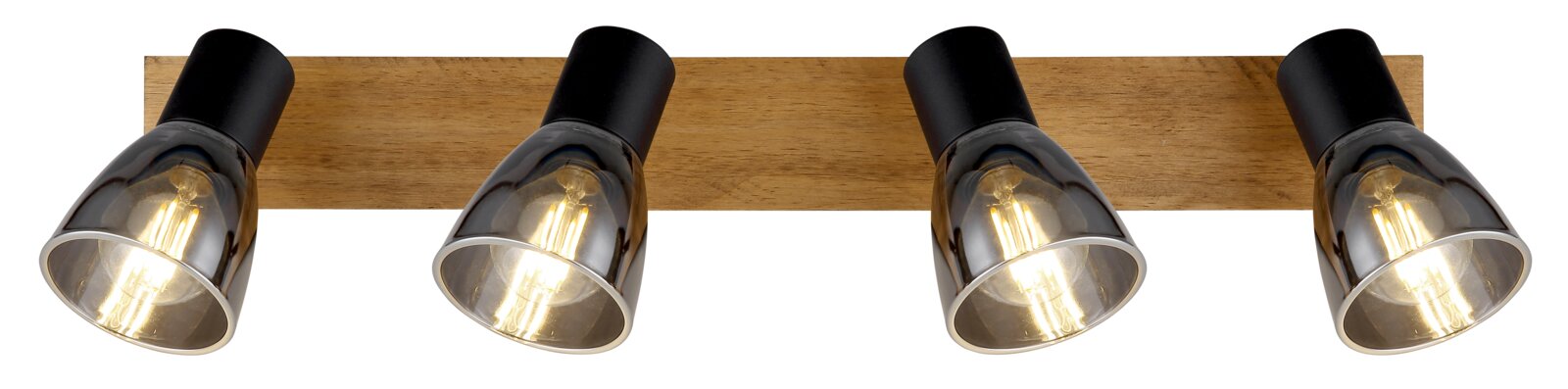 Vierflammiger Strahler mit Holzleiste und schwarzen Fassungen, seitliche Perspektive