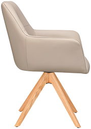 Seitenansicht eines modernen Armlehnstuhls mit beigem Polster und Holzbeinen.