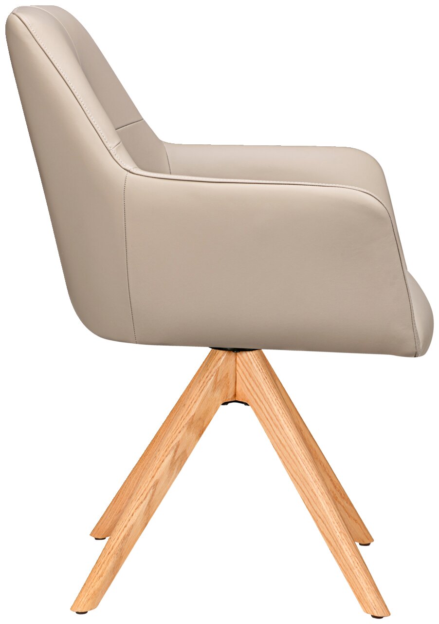 Seitenansicht eines modernen Armlehnstuhls mit beigem Polster und Holzbeinen.