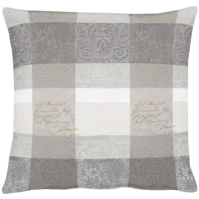 Kissenhülle mit grauem und weißem Karomuster, verziert mit floralen und schriftlichen Details, Frontalansicht