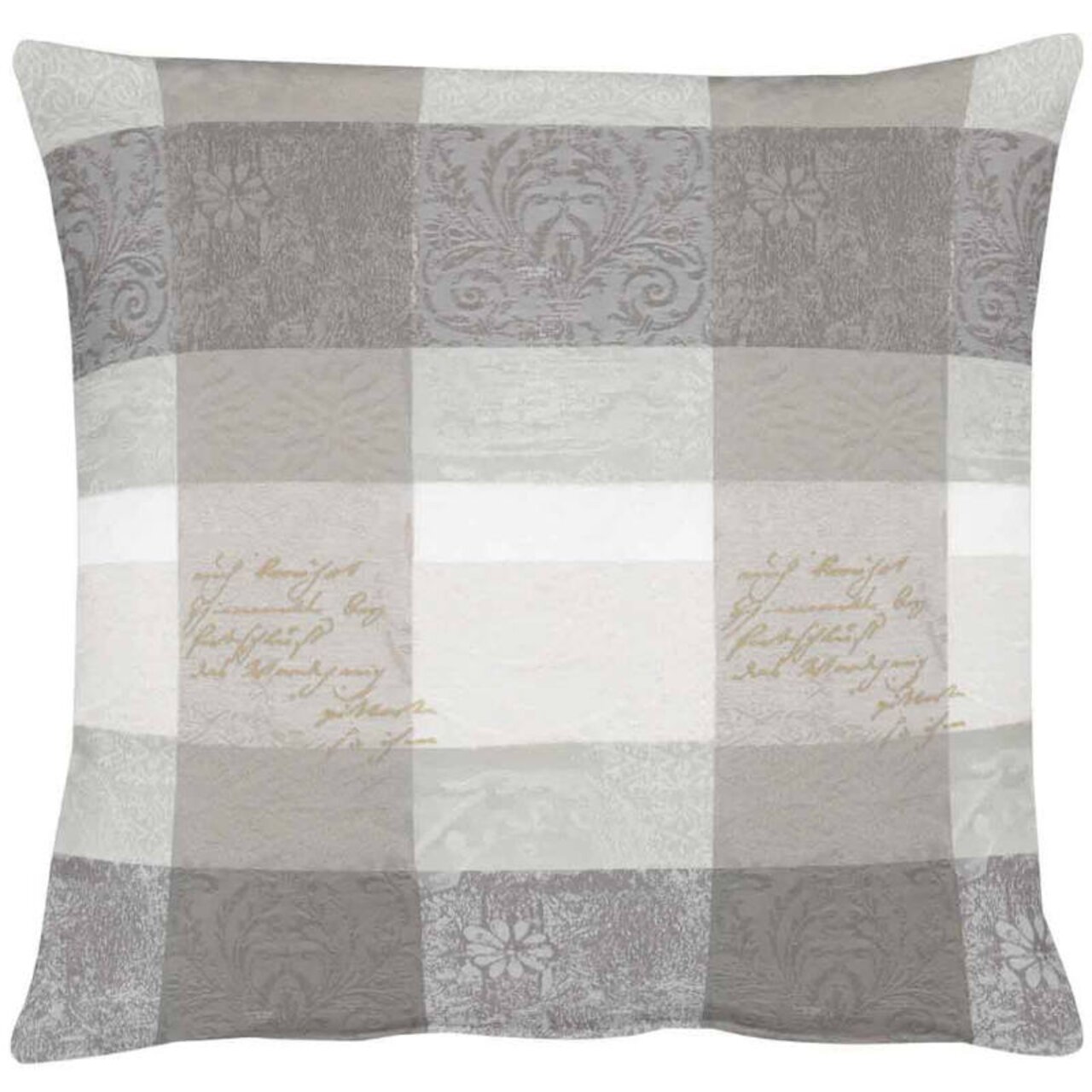 Kissenhülle mit grauem und weißem Karomuster, verziert mit floralen und schriftlichen Details, Frontalansicht