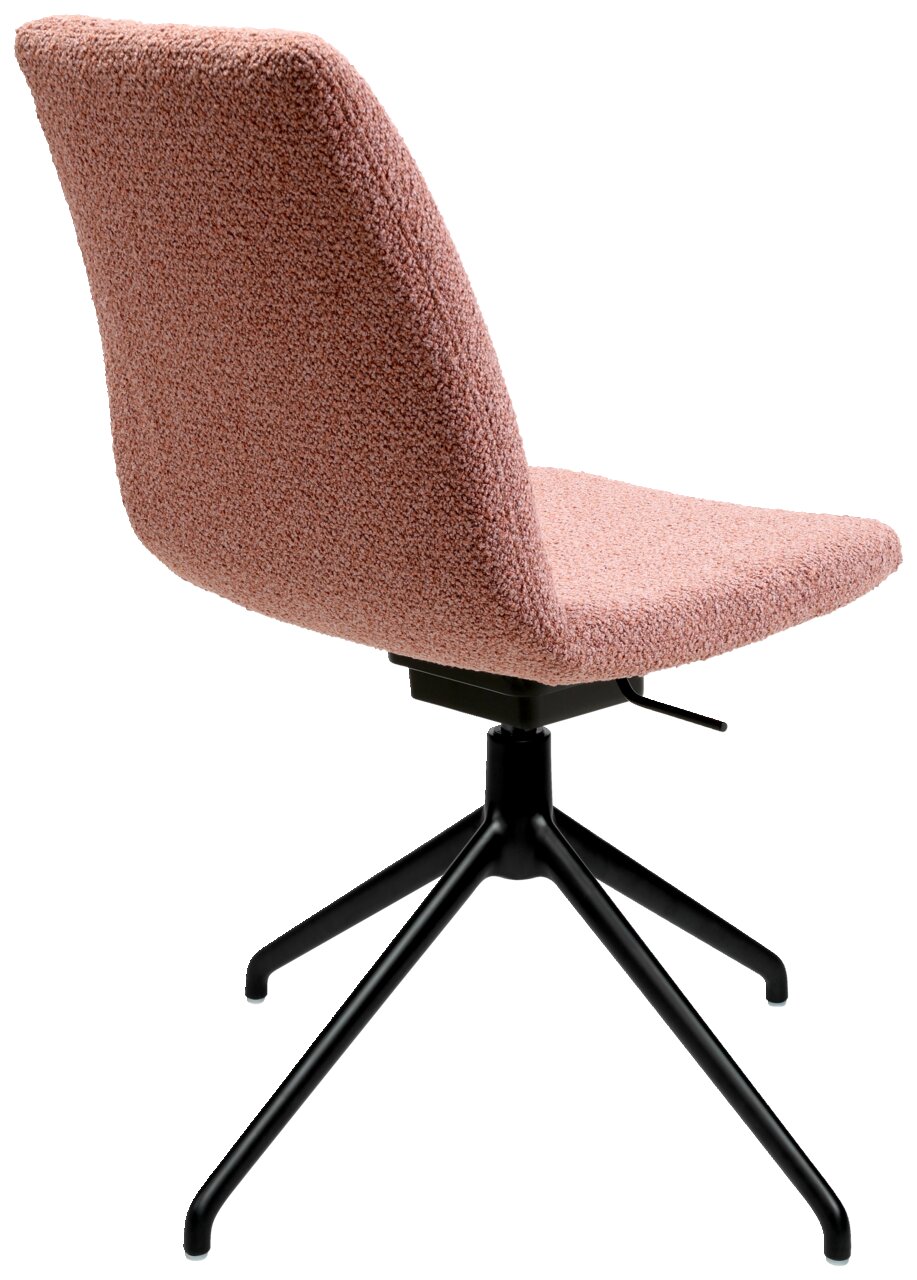 Rückansicht eines modernen Stuhls mit rosa Polsterung und schwarzem Metallgestell.