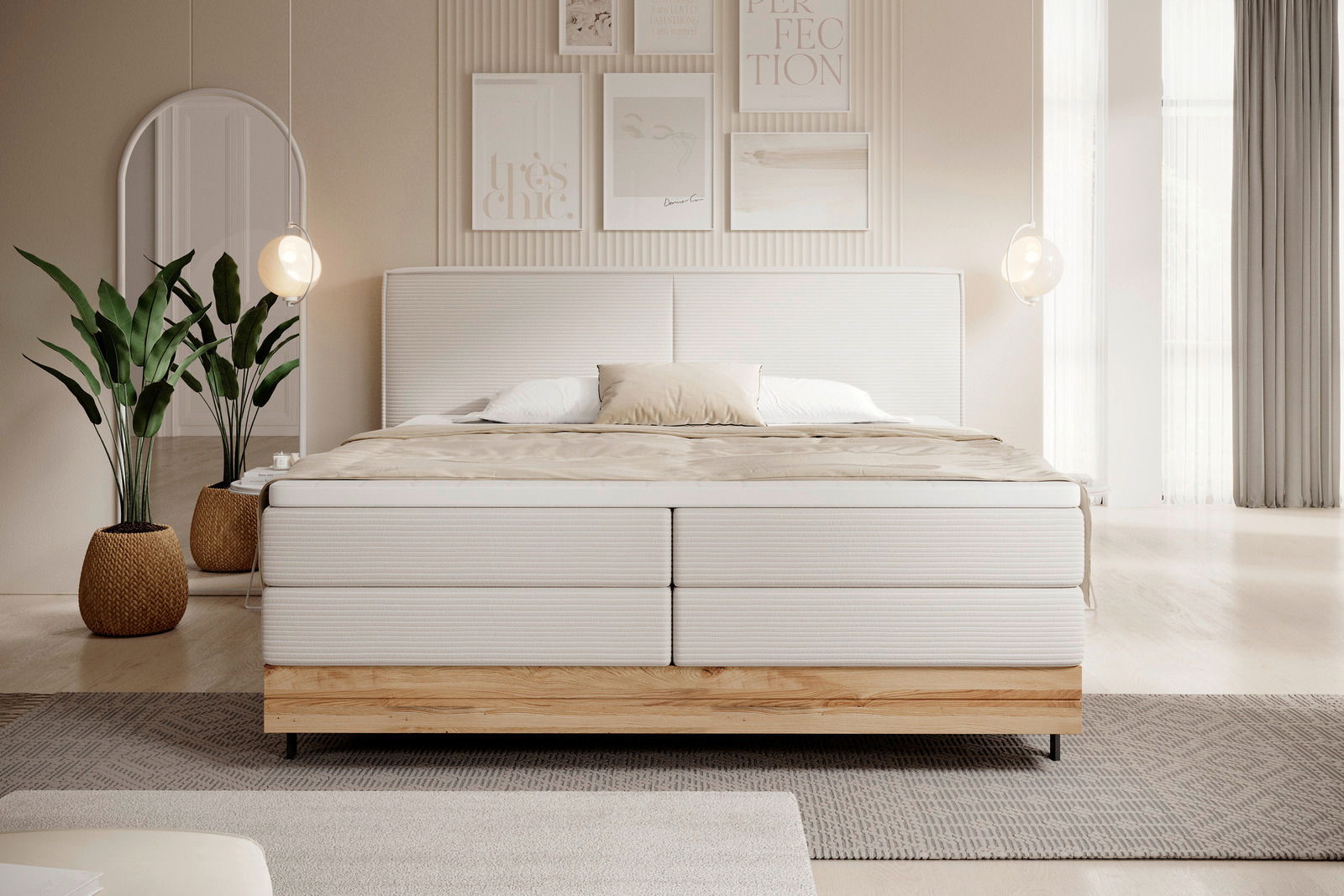 Frontale Ansicht eines eleganten Boxspringbetts in einem stilvoll eingerichteten Schlafzimmer mit Pflanzen und Wanddekorationen.
