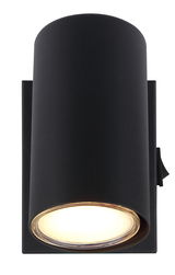 Schwarzer zylindrischer Strahler aus der Frontalperspektive mit leuchtendem Licht.