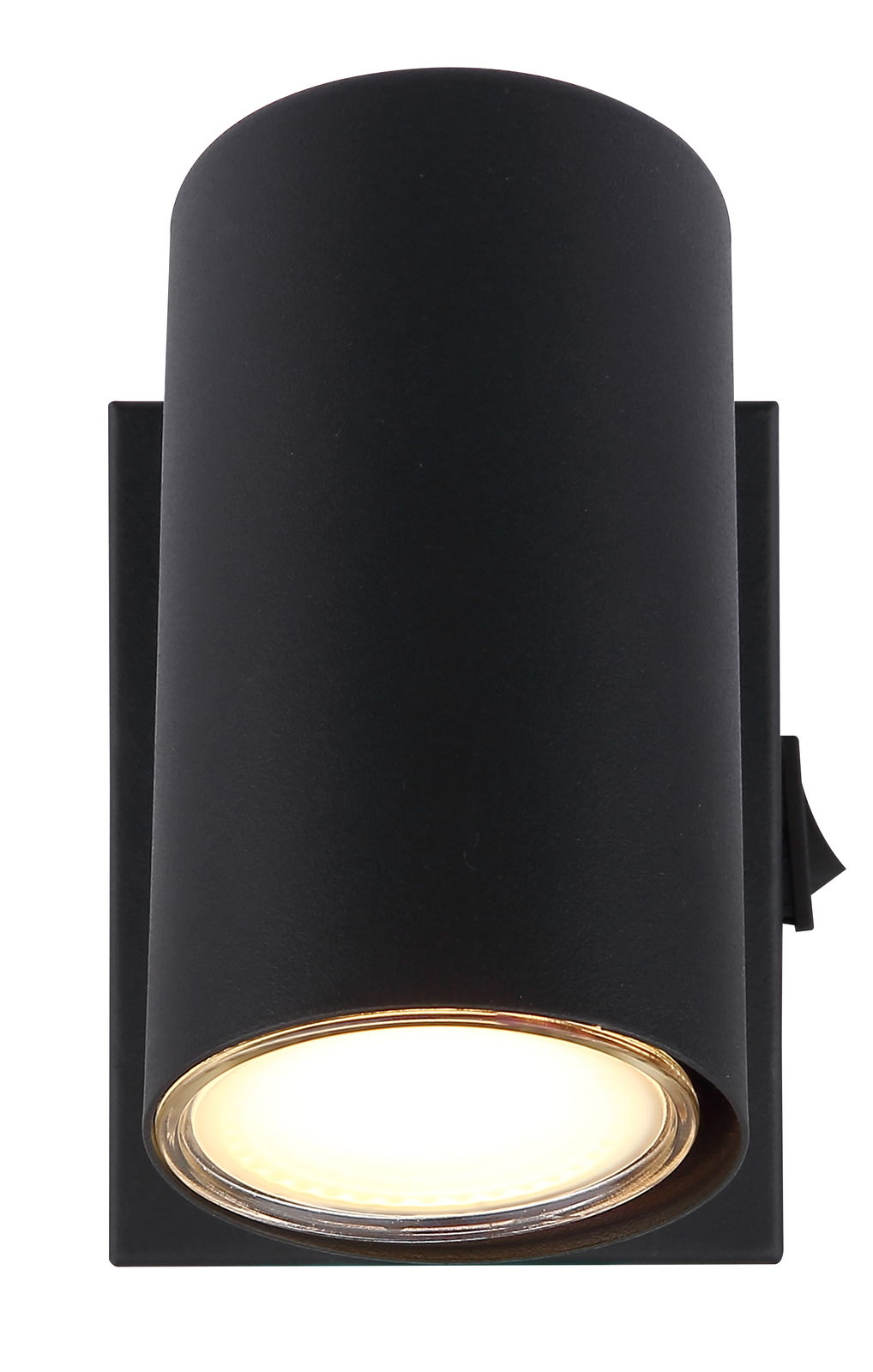 Schwarzer zylindrischer Strahler aus der Frontalperspektive mit leuchtendem Licht.