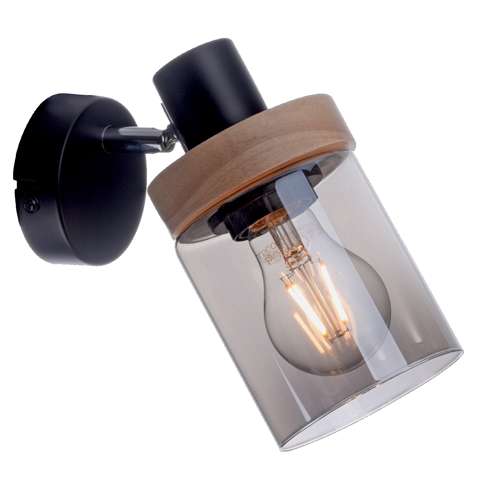 Just Light Wandleuchte PASQUAL Schwarze Wandlampe im modernen Stil mit Holzring und klarem Glaszylinder, sichtbares Leuchtmittel, seitliche Nahaufnahme in schräger Perspektive