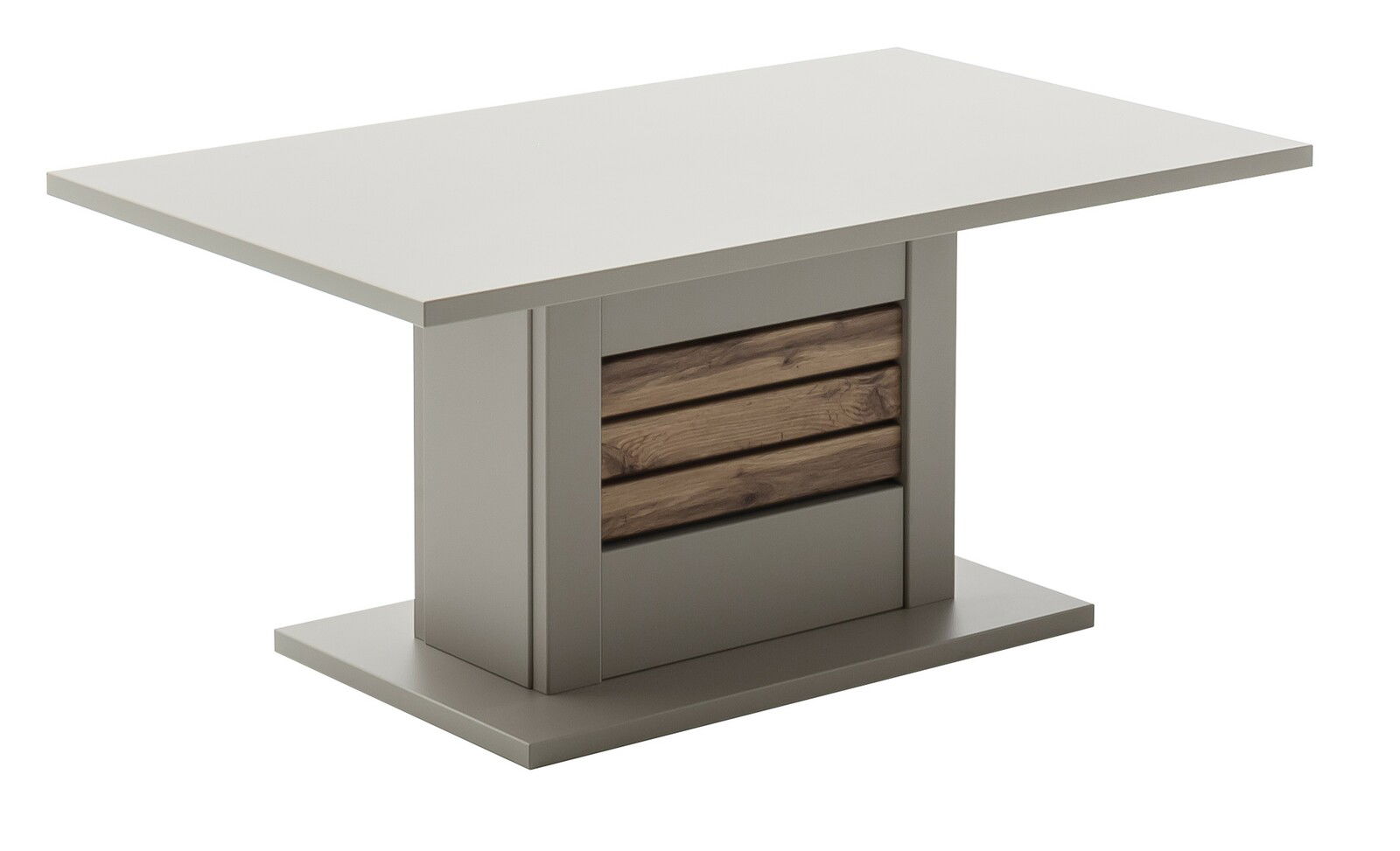 Moderner Couchtisch in rechteckiger Form mit grauer Oberfläche und Holzdetails, seitliche Perspektive