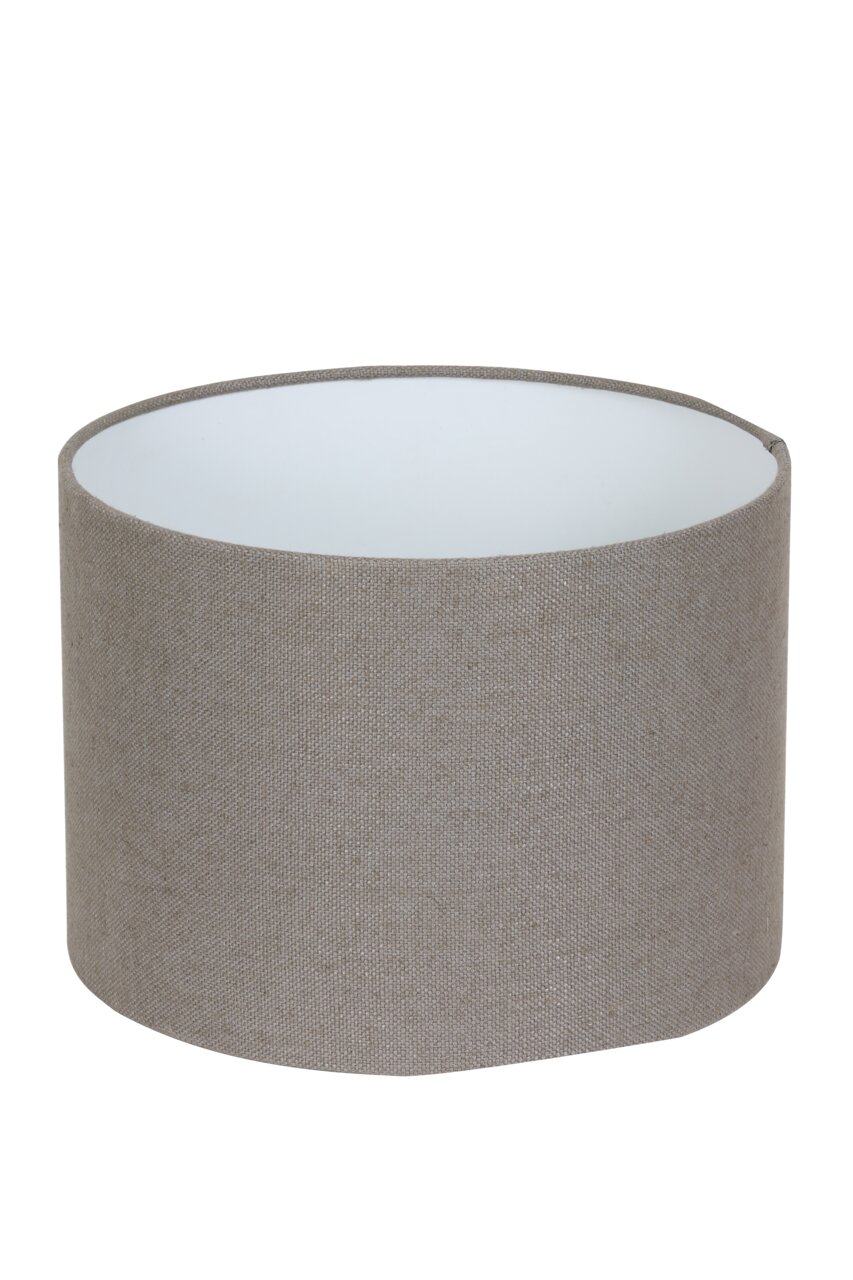 Zylindrischer Lampenschirm in Beige aus Stoff, seitliche Perspektive