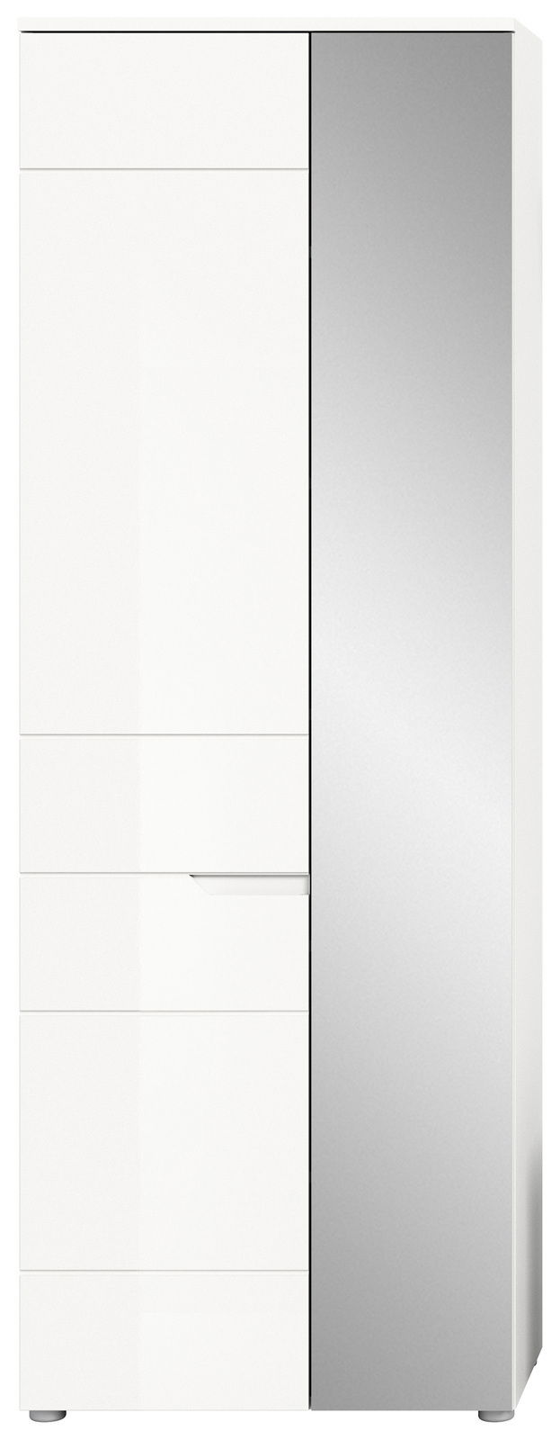 Moderner Garderobenschrank mit weißer Front und Spiegeltür, Frontalansicht