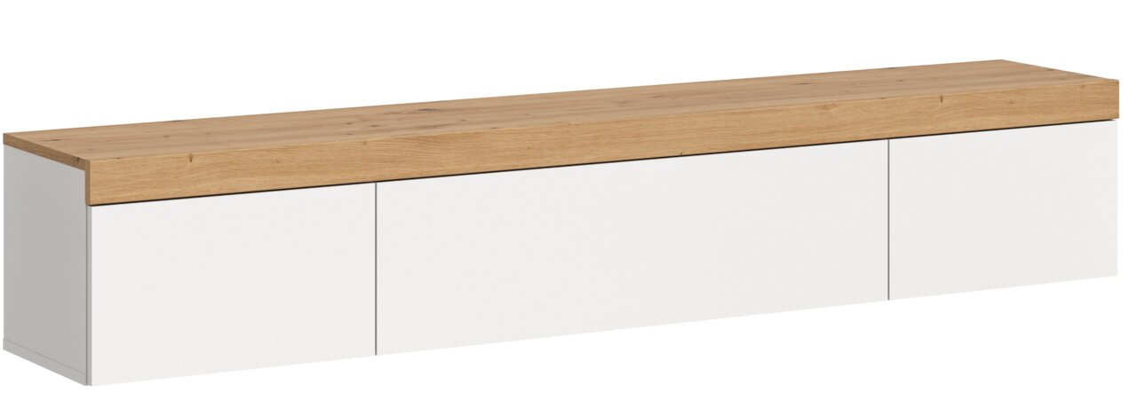 Großes Lowboard mit weißem Korpus und Holzoberfläche, seitliche Perspektive