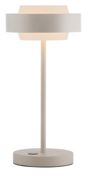Beige Tischleuchte im modernen, minimalistischen Design mit zylindrischem Fuß, schlankem Stab und breitem ringförmigem Lampenschirm, warm leuchtend, Frontansicht auf weißem Hintergrund