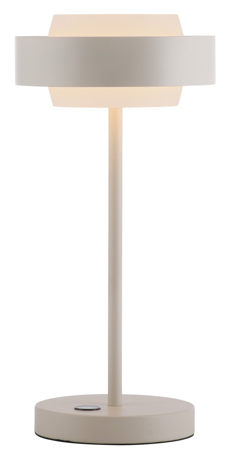 Beige Tischleuchte im modernen, minimalistischen Design mit zylindrischem Fuß, schlankem Stab und breitem ringförmigem Lampenschirm, warm leuchtend, Frontansicht auf weißem Hintergrund