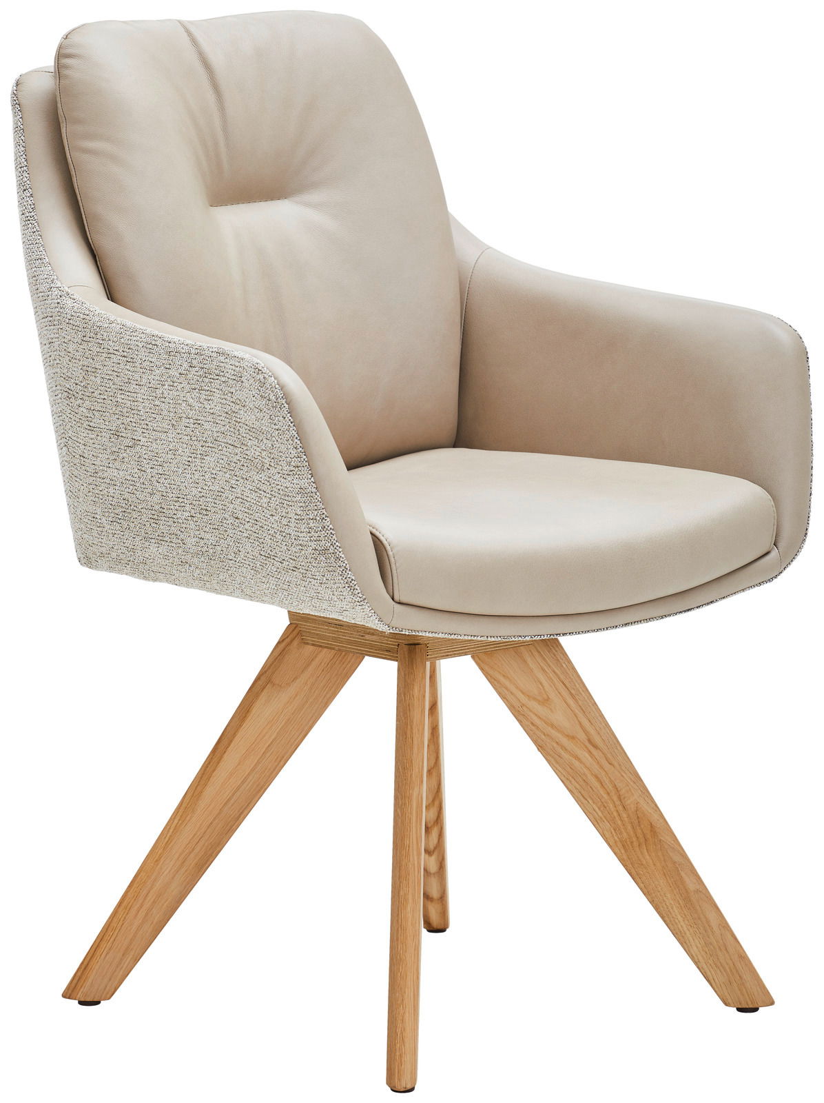 Beiger Armlehnstuhl mit gepolstertem Sitz und Rückenlehne, Holzbeine, seitliche Perspektive