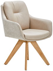 Beiger Armlehnstuhl mit gepolstertem Sitz und Rückenlehne, Holzbeine, seitliche Perspektive