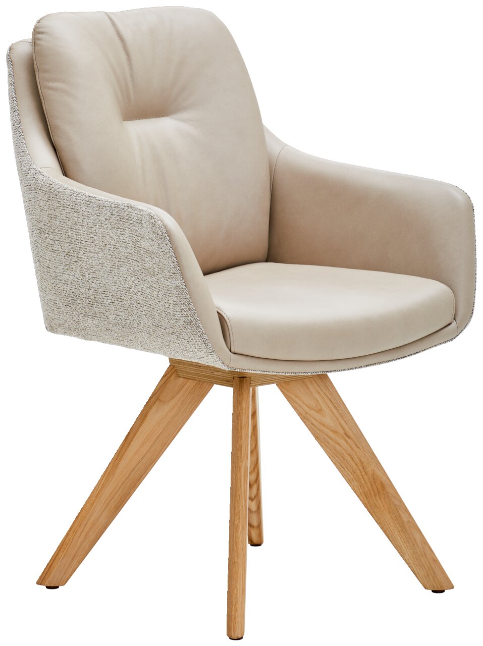 Beiger Armlehnstuhl mit gepolstertem Sitz und Rückenlehne, Holzbeine, seitliche Perspektive