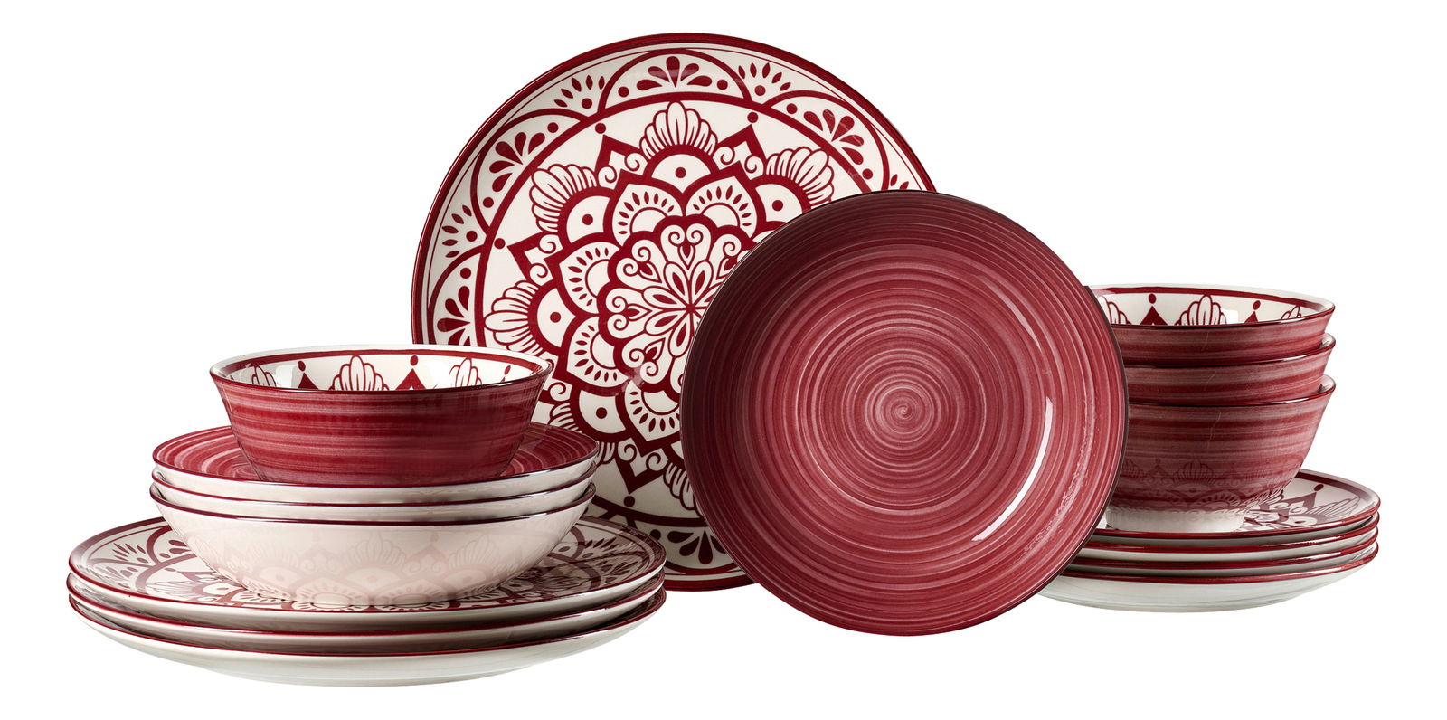 Burgunderfarbenes 16-teiliges Tellerset mit dekorativen Mustern, seitliche Perspektive