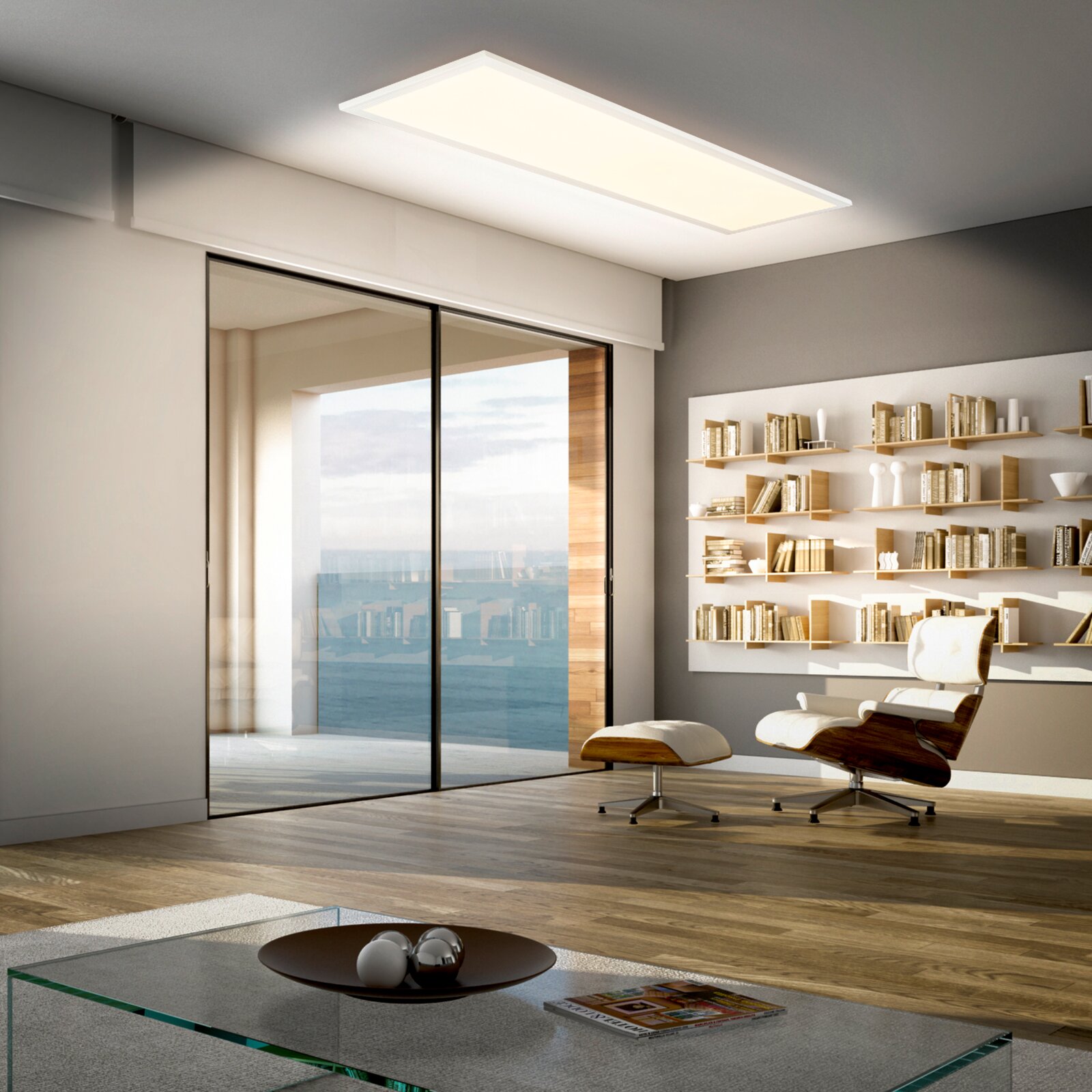 Rechthoekig LED plafondpaneel in een moderne woonkamer, warm wit licht, gezien schuin van onderen (plafondperspectief)