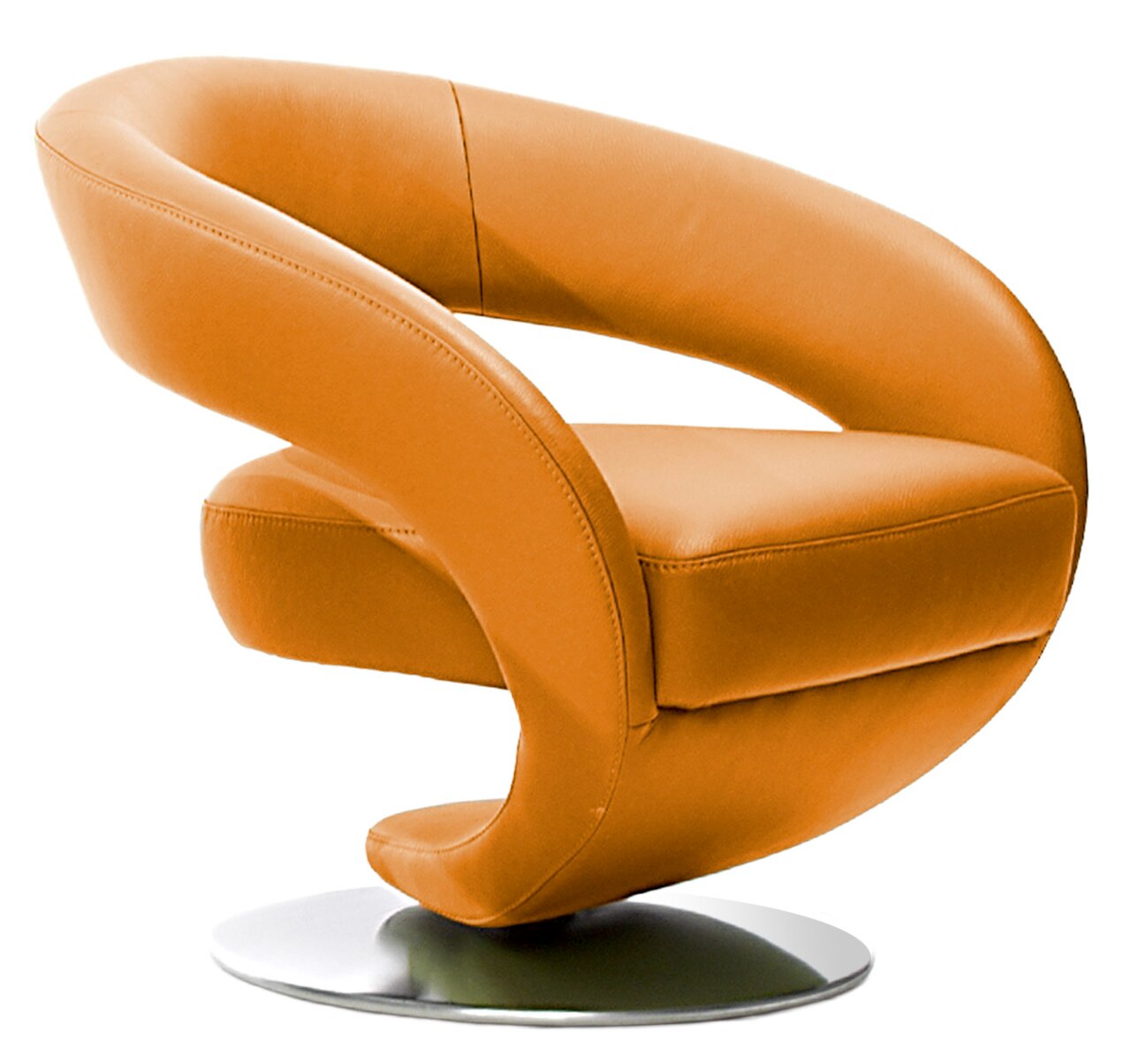 Moderner orangefarbener Drehsessel mit geschwungenem Design, seitliche Perspektive