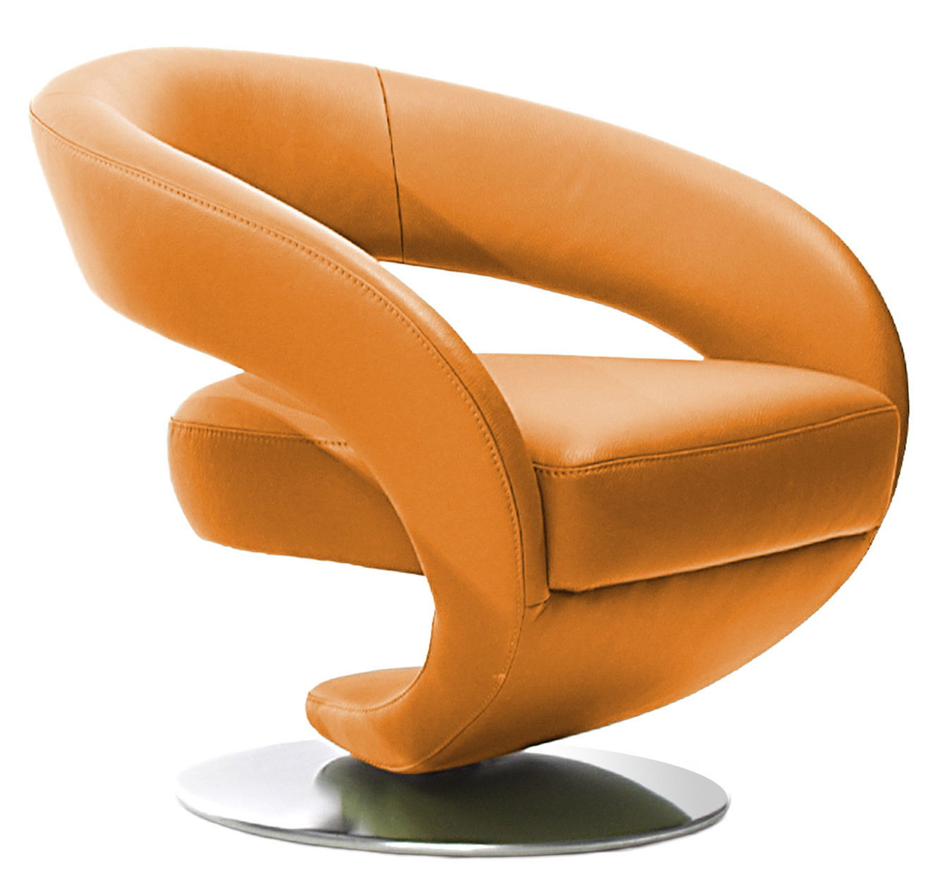 Moderner orangefarbener Drehsessel mit geschwungenem Design, seitliche Perspektive