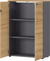 Offener Aktenschrank mit zwei Holztüren und zwei Einlegeböden, Perspektive von vorne