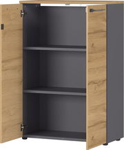 Offener Aktenschrank mit zwei Holztüren und zwei Einlegeböden, Perspektive von vorne