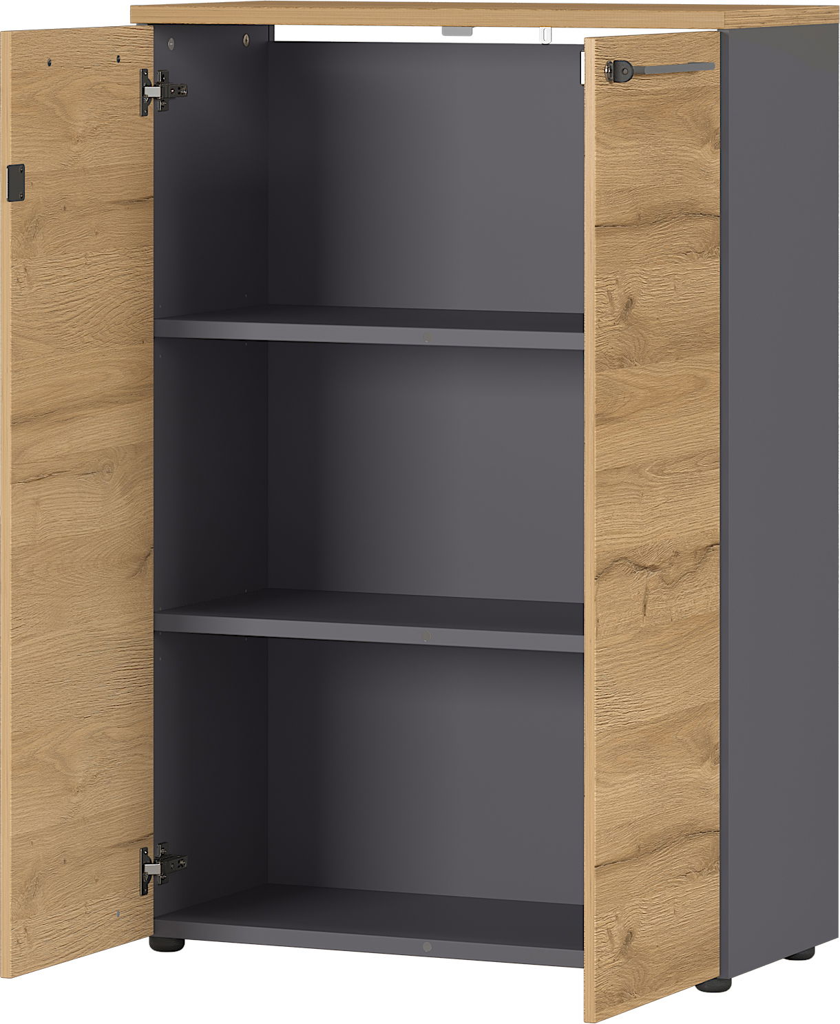 Offener Aktenschrank mit zwei Holztüren und zwei Einlegeböden, Perspektive von vorne