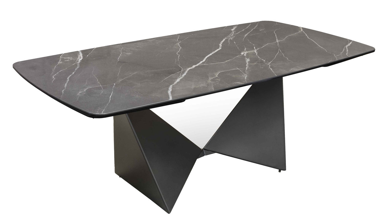 Moderner Esstisch mit dunkler Marmoroptik und geometrischem Metallgestell, seitliche Perspektive