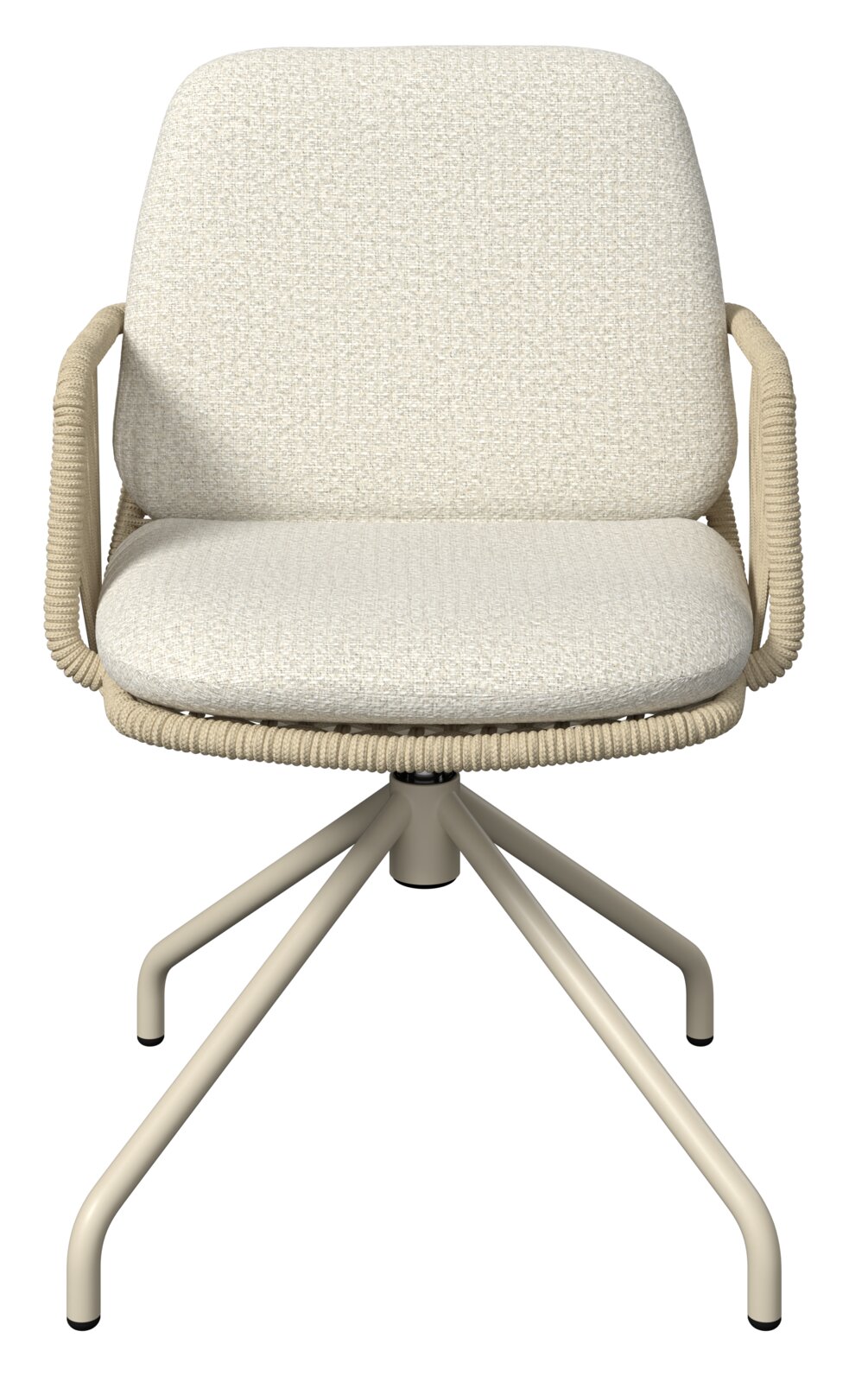 Beiger, gepolsterter Drehstuhl mit Armlehnen und 4-Fuß-Metallgestell, Frontansicht
