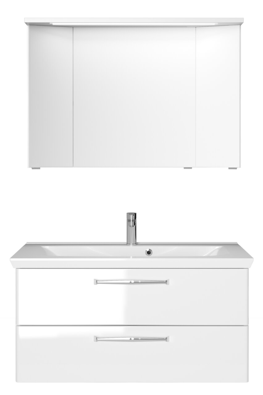Moderner weißer Badblock mit Spiegelschrank und Waschbecken, Frontalansicht