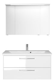 Moderner weißer Badblock mit Spiegelschrank und Waschbecken, Frontalansicht