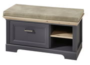 Bank mit gepolstertem Sitzkissen, Schublade und offenem Fach, seitliche Perspektive