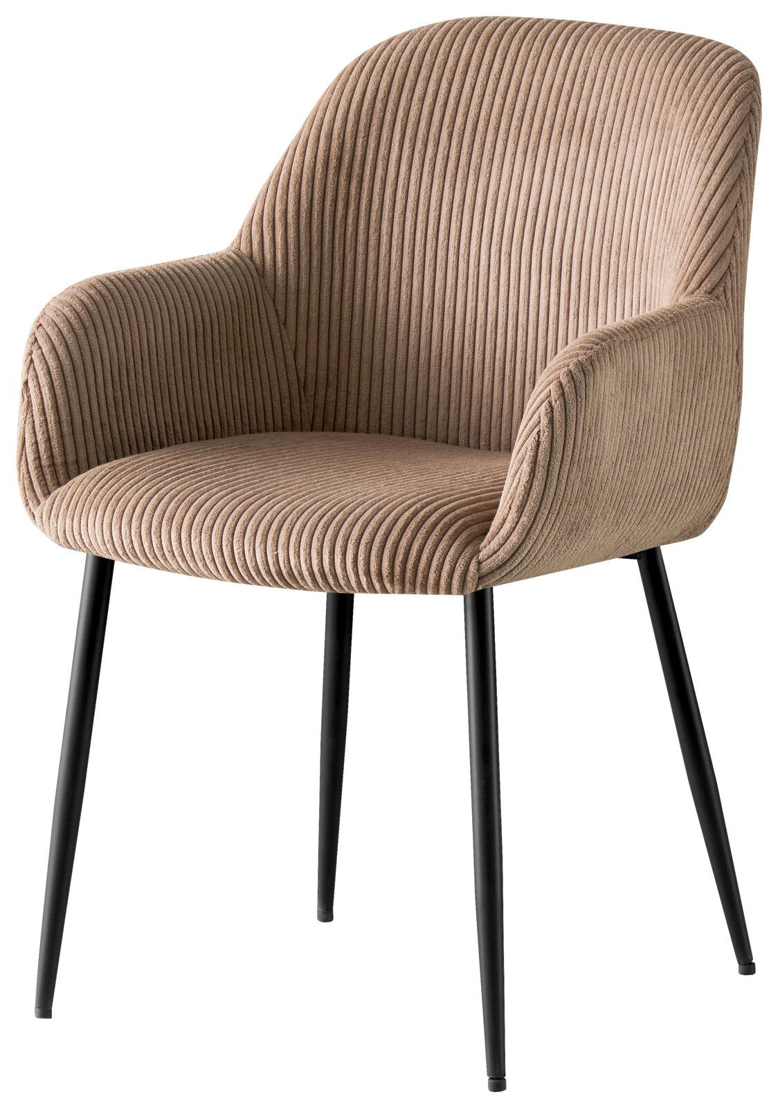 Beiger Armlehnstuhl mit geripptem Stoffbezug und schwarzen Metallbeinen, seitliche Perspektive