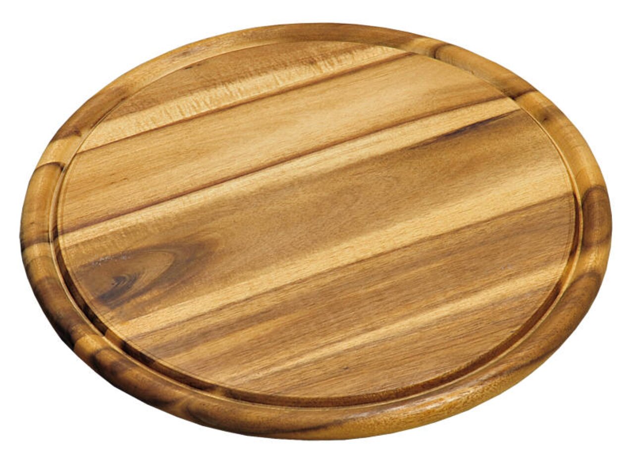 Ronde houten snackschaal met een gleuf voor sap, gezien vanuit vogelperspectief.
