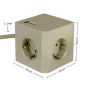 Steckdosenwürfel mit drei Steckplätzen und zwei USB-Anschlüssen, Perspektive von schräg oben, Maße 7,5 cm x 7,5 cm x 7,5 cm, Kabellänge 1,4 m