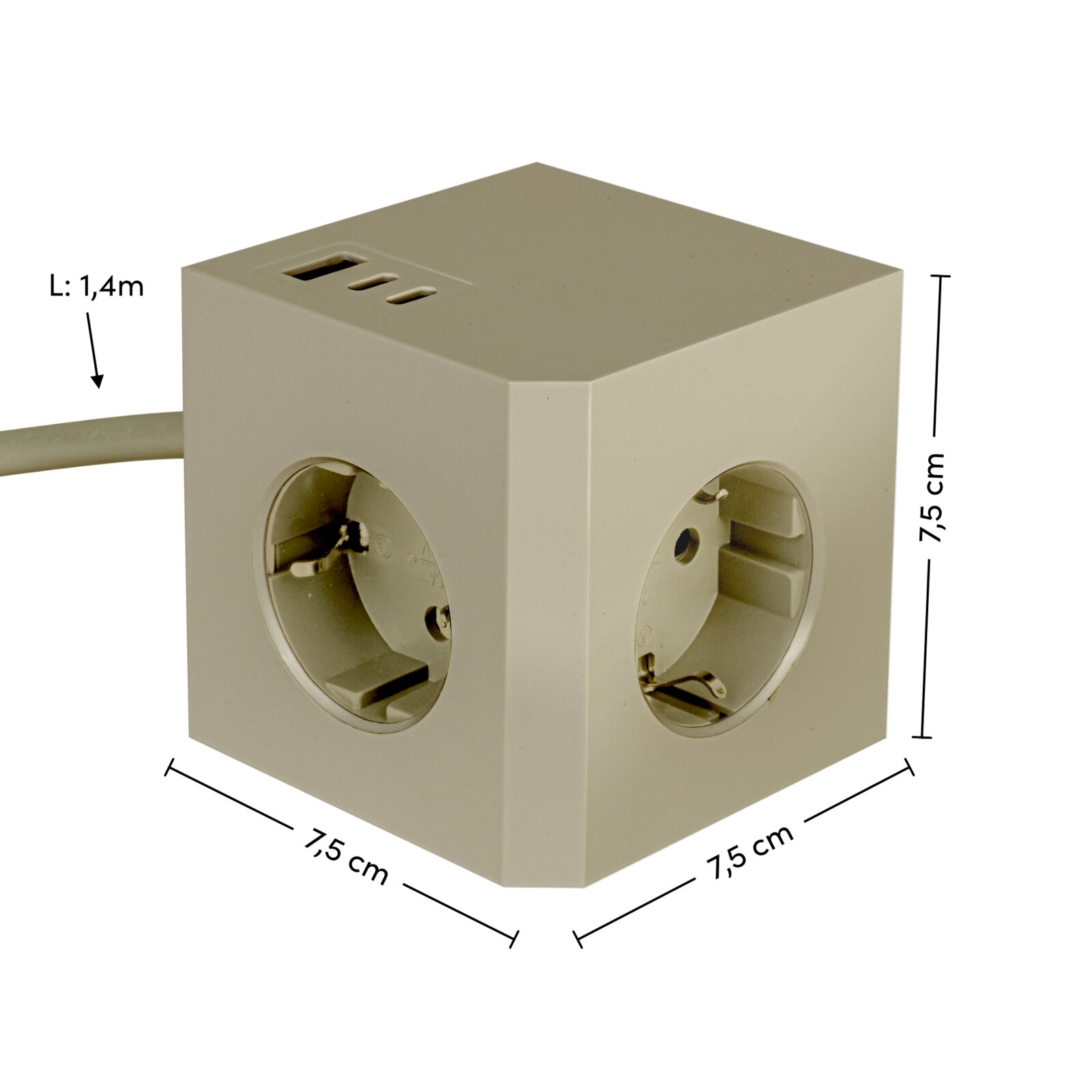 Stekkerblok met drie stopcontacten en twee USB-aansluitingen, gezien vanuit een schuine hoek van bovenaf, afmetingen 7,5 cm x 7,5 cm x 7,5 cm, kabellengte 1,4 m